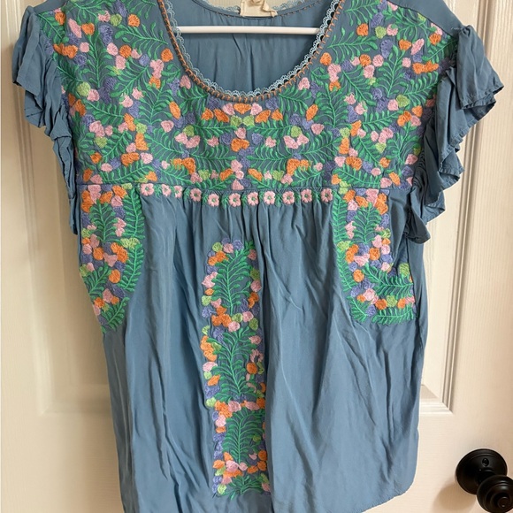 Layerz Clothing Tops - Embroidered Floral Blue Blouse